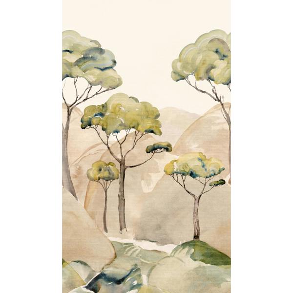 Grandeco Watercolour Ravello Trees Mountain Landscape 3 panel repeatable Mural 1.59 x 2.8m, Green Beige