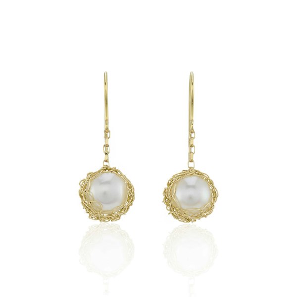 Aelita Jewellery Large Hand Crocheted Yellow Gold White Freshwater Cultured Pearl Dangle Earrings