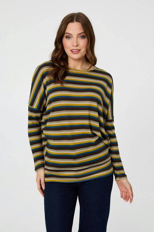 Yellow | Striped Print Relaxed Batwing Top
