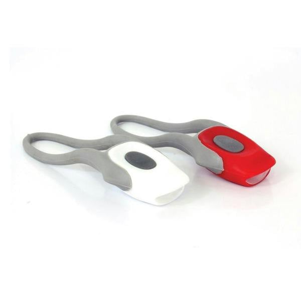 White and red silicone LED bike lights with grey mounting straps, on white - Optimum