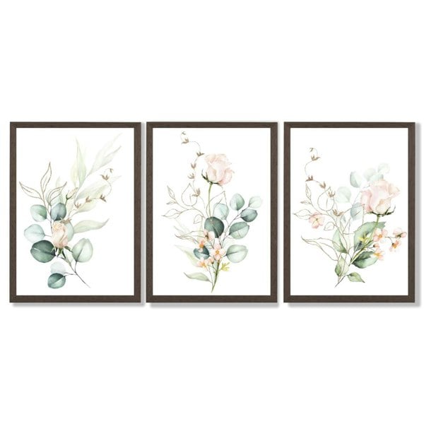 Pink Floral Roses Set of 3 Framed Art Prints with Dark Wood Frames