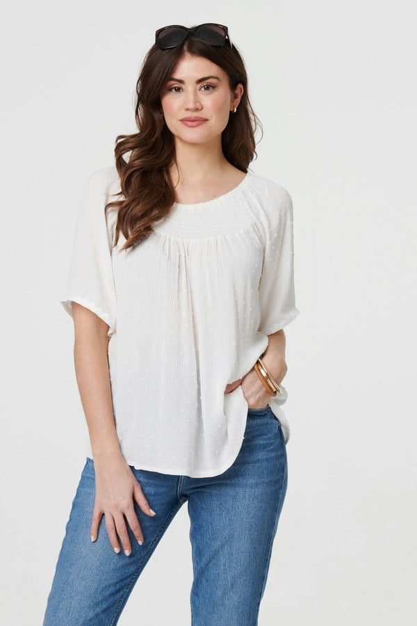 White | Textured Semi Sheer Shirred Bardot Top
