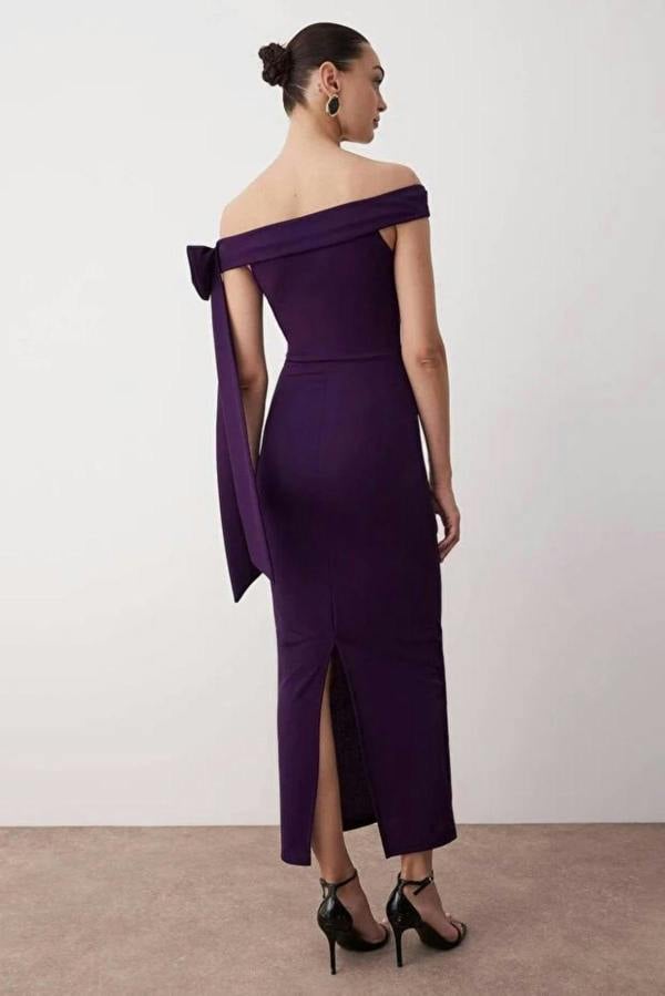 Hoxton Gal Elegant Fitted Knit Evening Dress with Shoulder Bow Detail