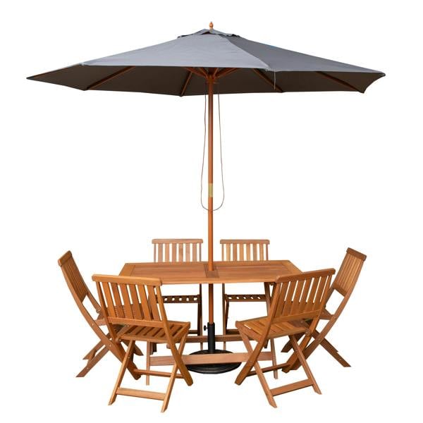 Samuel Alexander Outdoor 6 Person Folding Rectangular Wooden Garden Dining Table Chairs Grey Parasol and Base set