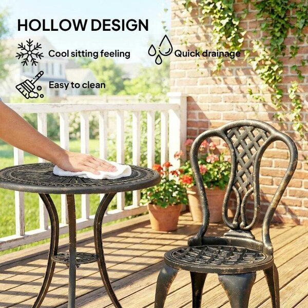 3 Piece Patio Cast Aluminium Bistro Set Garden Outdoor Furniture Table and Chairs Shabby Chic Style, Bronze Tone