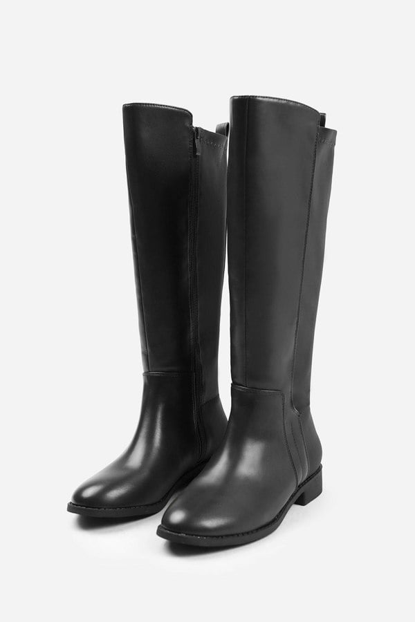 Where's That From PParker Stretch Wide Calf Knee High Boots With Side Zip In Wide E Fit In Black Faux Leather