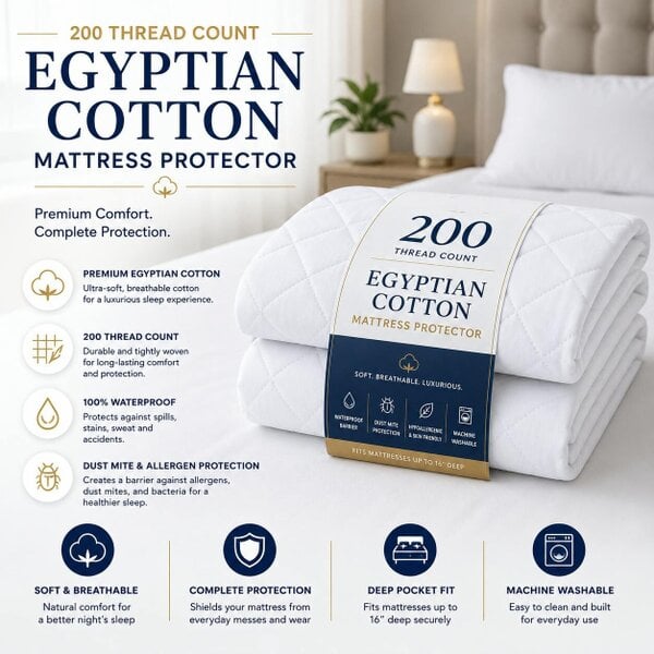 Night Zone Egyptian Cotton Mattress Protector 40cm Deep – 200 Thread Count Quilted Cover