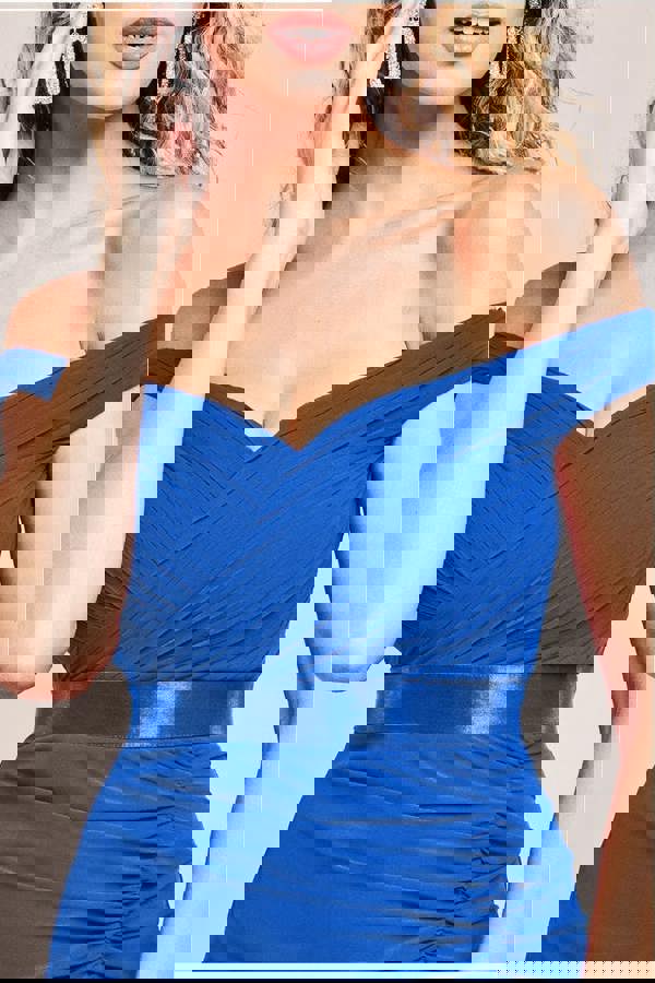 Pleated Bardot High Low Tier Chiffon Midaxi Dress - Royal Blue DR4272