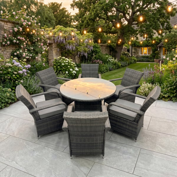 Fimous 6 Seater Rattan Garden Furniture Set with Round Dining Table and 6 Arm Chairs - Dark Grey