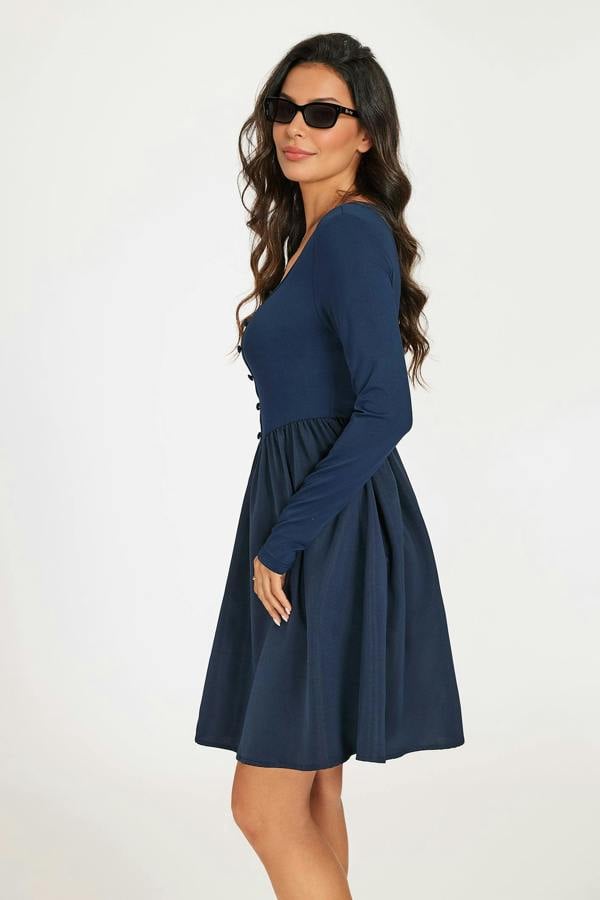 FS Collection Square Neck Button-Front Long Sleeve Mini Dress In Navy