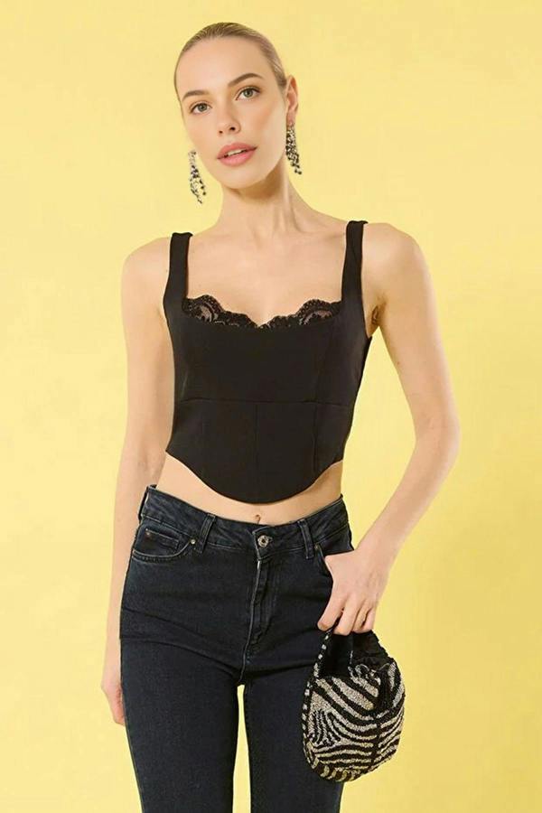 WOVCOR Crop Lace Detail Woven Elegant Bustier