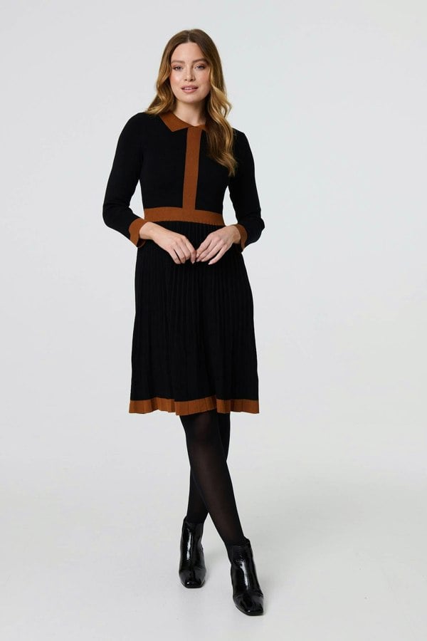 Black | Border Print Pleated Knit Knee Length Dress
