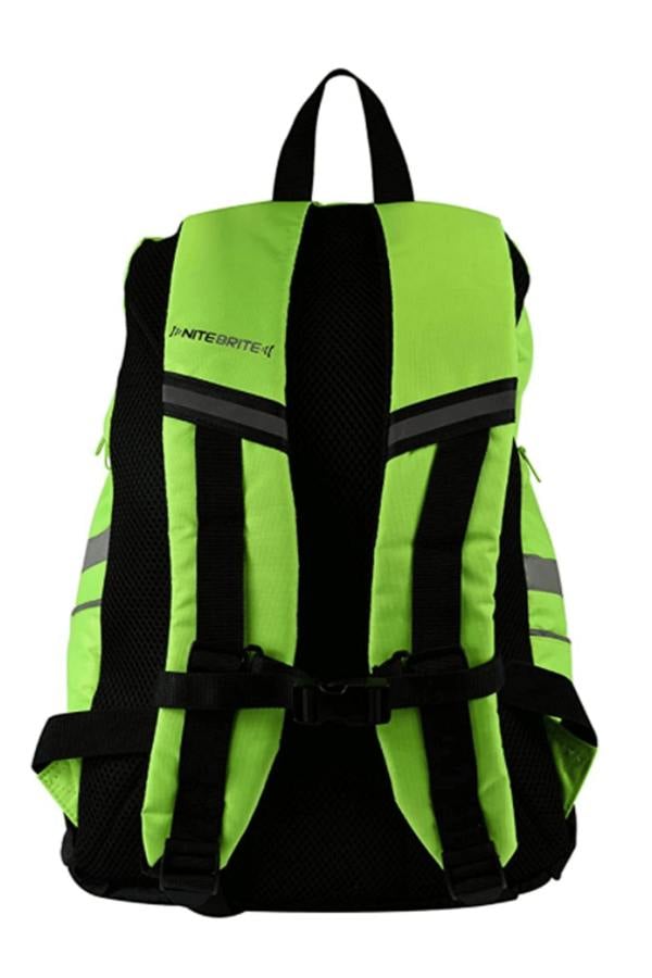 Rear view of green Optimum NiteBrite backpack showing padded straps and reflective strips - Optimum