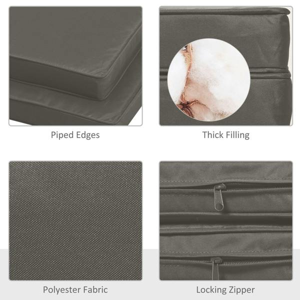 Dark grey chair cushion details: piped edges, thick filling, polyester fabric, zipper