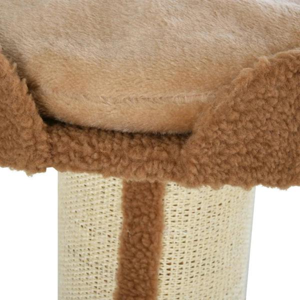 Brown removable cushion edge and sisal-wrapped post detail on a cat tree