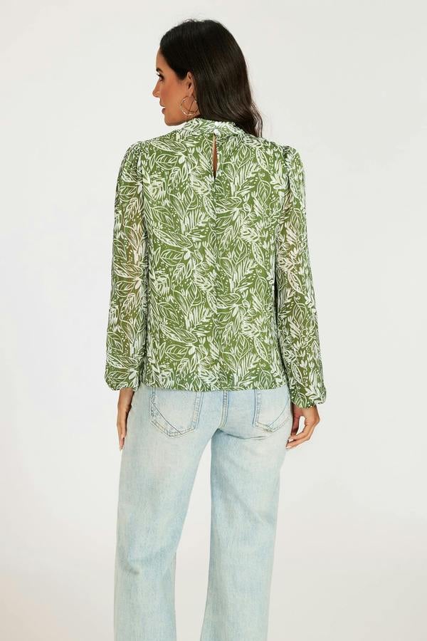 FS Collection Silver Thread Leaf Print Long Sleeve Blouse Top In Green