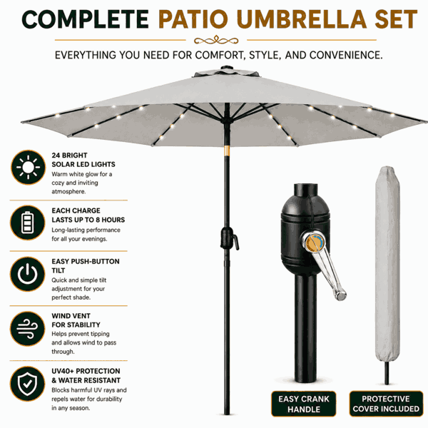 GlamHaus Garden Parasol Solar LED 2.7M ,Tilting Table Umbrella with Crank Handle, Protection UV40, Includes Parasol Cover- Grey