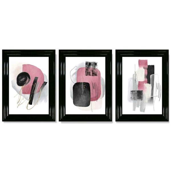 Set of 3 Abstract Black and Pink Watercolour Framed Art Prints with Glossy Black Frames