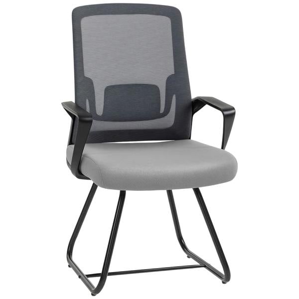 Dark grey mesh back office chair with upholstered seat and metal sled base