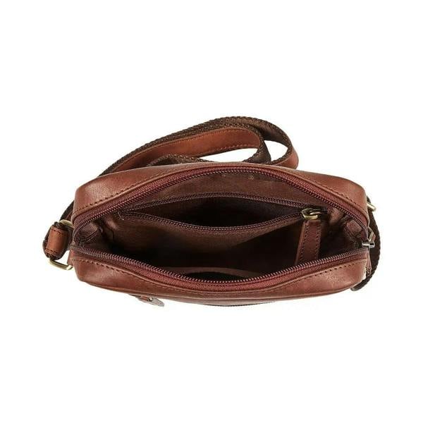 Open view of Brown leather crossbody bag on a white background
