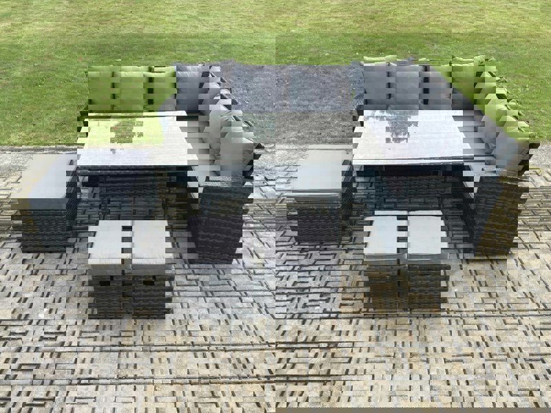 Fimous 9 Seater Garden Rattan Furniture Corner Sofa Dining Table Chair Set with 2 Small Footstools Indoor Outdoor Lounge Sofa Set