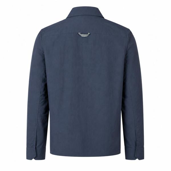 Back view of a dark airforce blue Fred Perry ripstop overshirt with a classic collar and small branded neck detail.