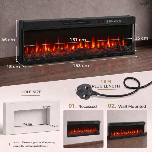 HOMCOM 153cm/60" 3-Sided Electric Fireplace Insert, Freestanding/Recessed