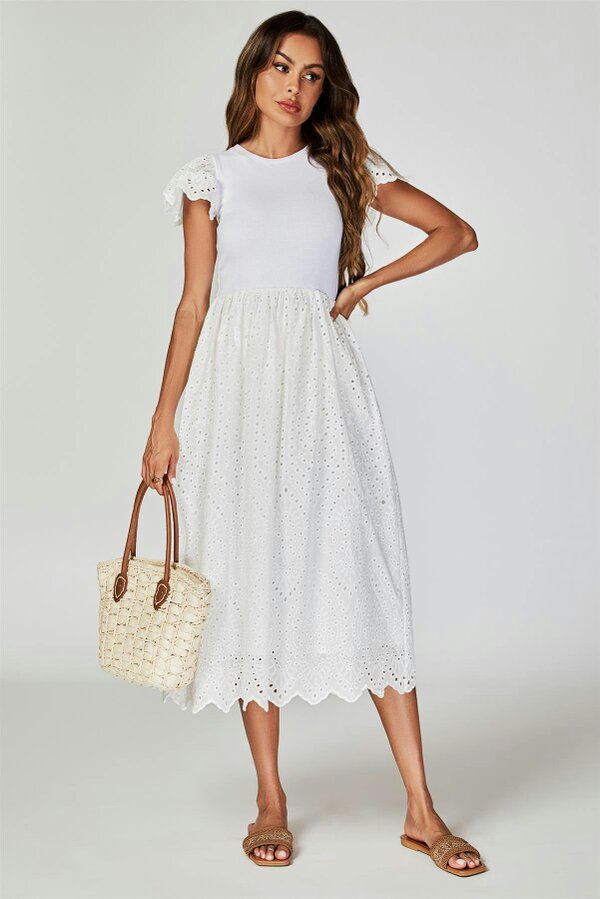 FS Collection Jersey Broderie Midi Dress In White