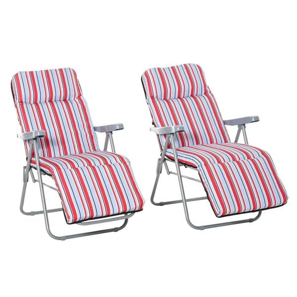 Set of 2 folding reclining lounger chairs with striped red, white, and blue cushioned seats