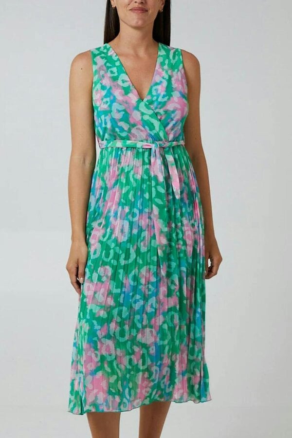 Hoxton Gal Wrap Front Multi Coloured Pink and Blue Leopard Print Maxi Dress with Pleat Details in Green