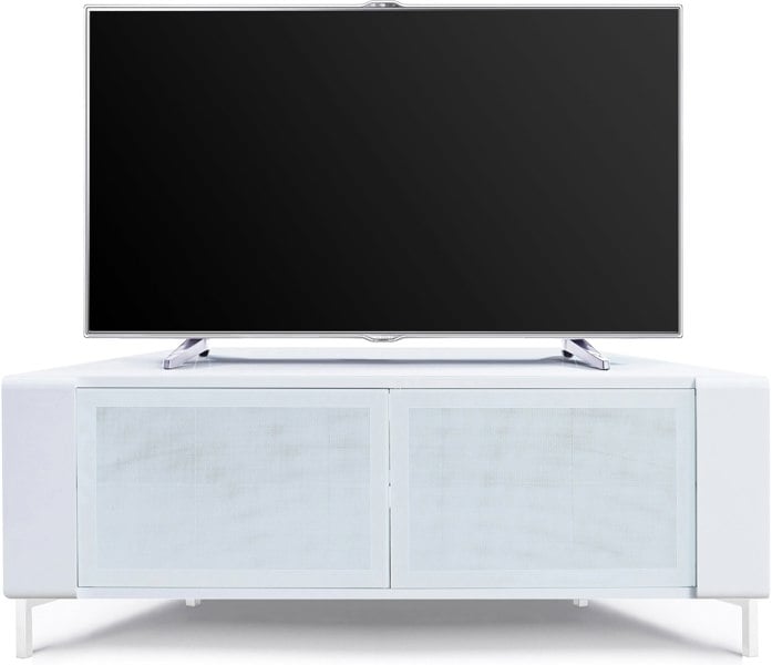 MDA Designs CORVUS Corner-Friendly Gloss White Contemporary Cabinet with White Profiles White BeamThru Glass Doors for Flat Screen TVs up to 50"