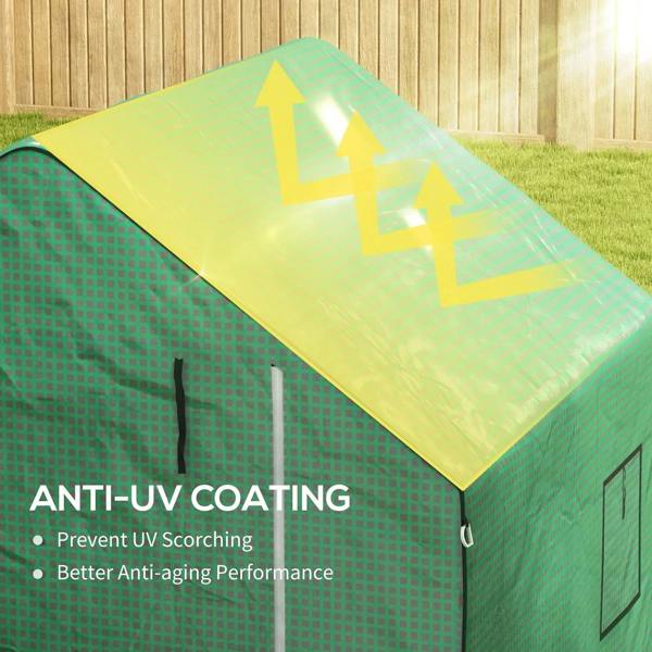 Green PE greenhouse cover with slanted roof panel and side window opening