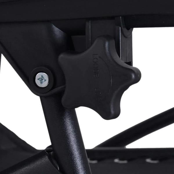 Black footrest locking knob on folding zero gravity chair metal frame