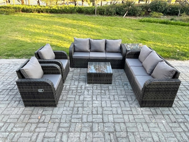 Fimous High Back Rattan Garden Furniture Set with Square Coffee Table Side Table Indoor Outdoor Patio Lounge Sofa Set Dark Grey Mixed