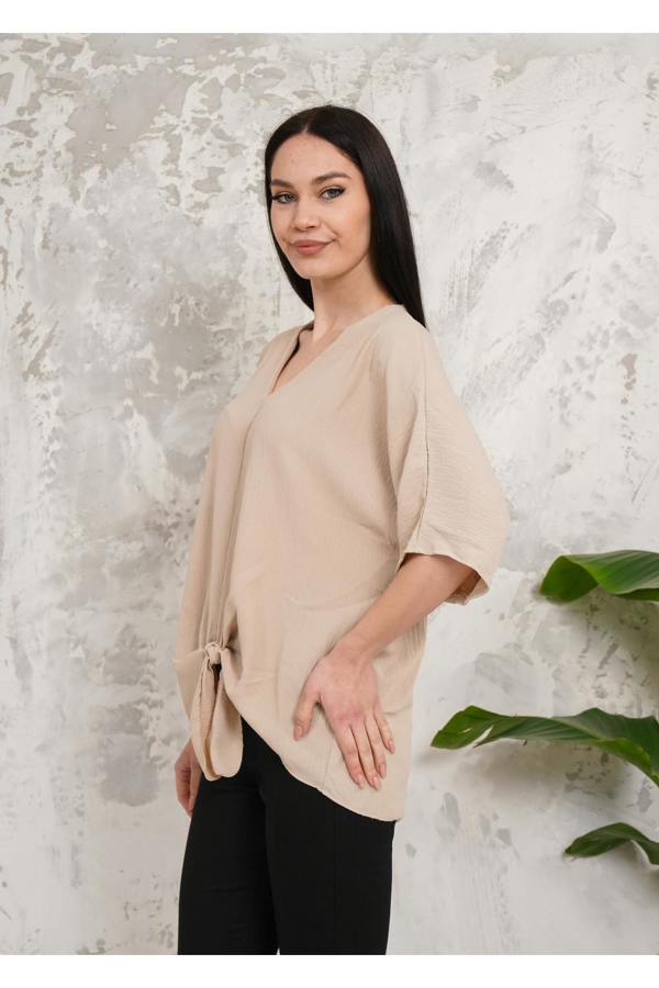Hoxton Gal Oversized V Neck Tie Front Detailed Blouse with 3/4 Sleeves in Beige