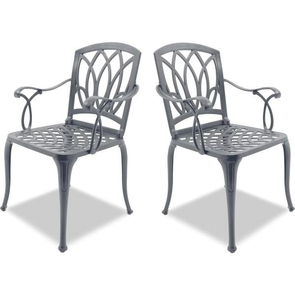 Homeology POSITANO 2-Large Garden and Patio Bistro Chairs with Armrests in Cast Aluminium Grey