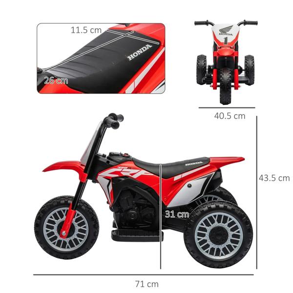 Red three-wheel kids electric motorbike with black seat, size diagram with measurements