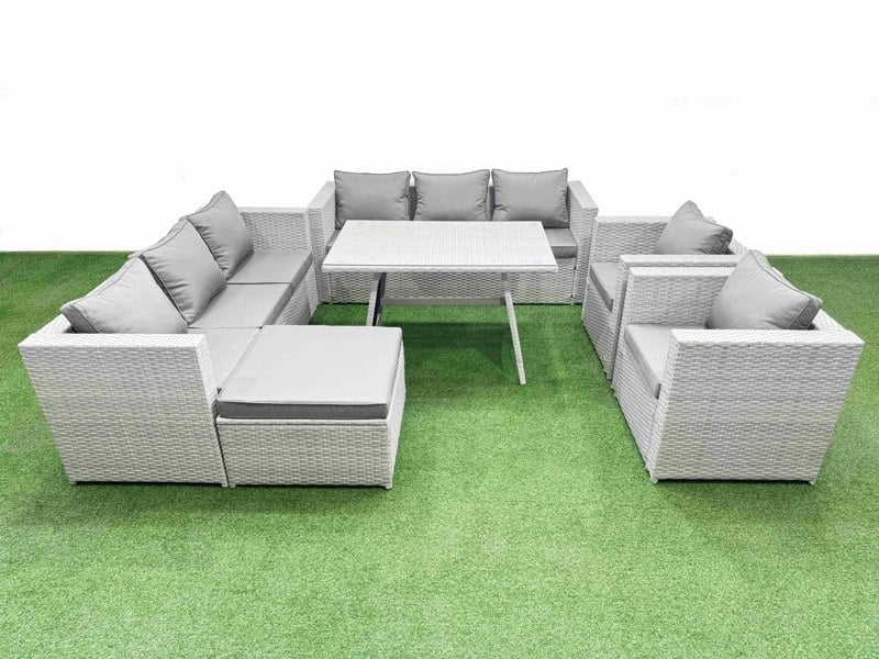 Fimous 9 Seater Garden Furniture Set PE Rattan Garden Sofa Set with Rectangular Dining Table Big Stool Light Grey