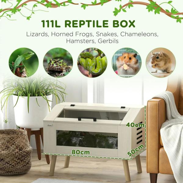 Oak reptile box with tempered glass viewing window and black handle, raised on wooden legs