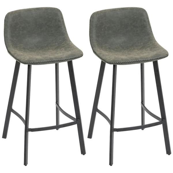 Set of 2 grey PU leather bar stools with backrest and curved footrest, black legs