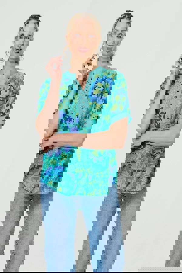 Green | Floral Stud Detail Short Sleeve Blouse
