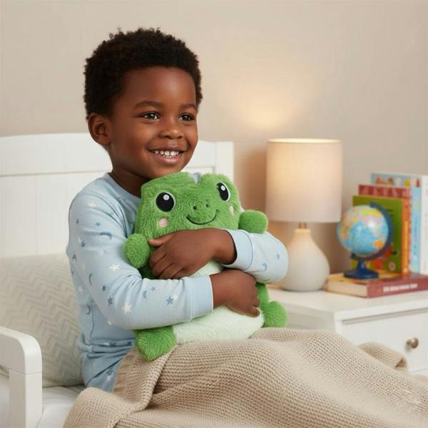 Smiling young boy in blue and white star pyjamas sitting in bed, cuddling a cute, bright green fluffy frog hot water bottle cover, with a bedside lamp and globe in the background.