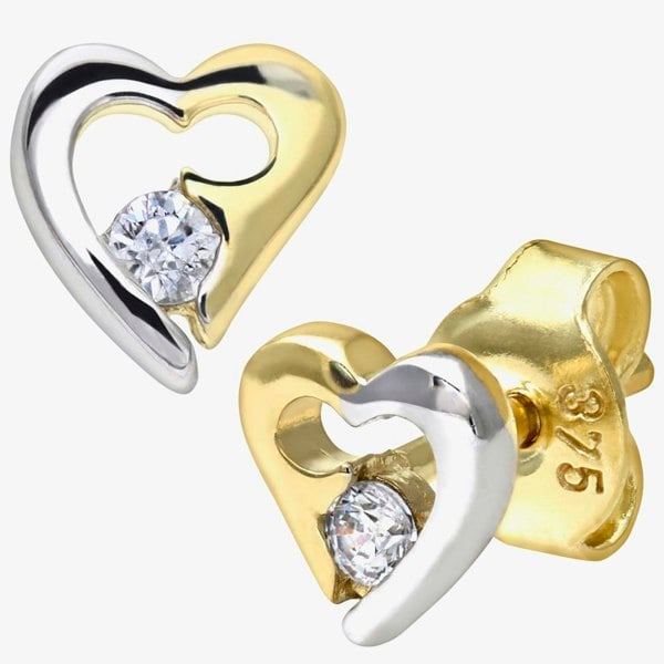 T. H. Baker 9ct Two-Colour Open Heart Cubic Zirconia Stud Earrings E1014YW