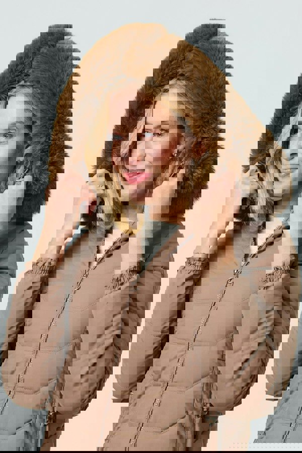 Brown | Faux Fur Hooded Zip-Up Puffer Jacket
