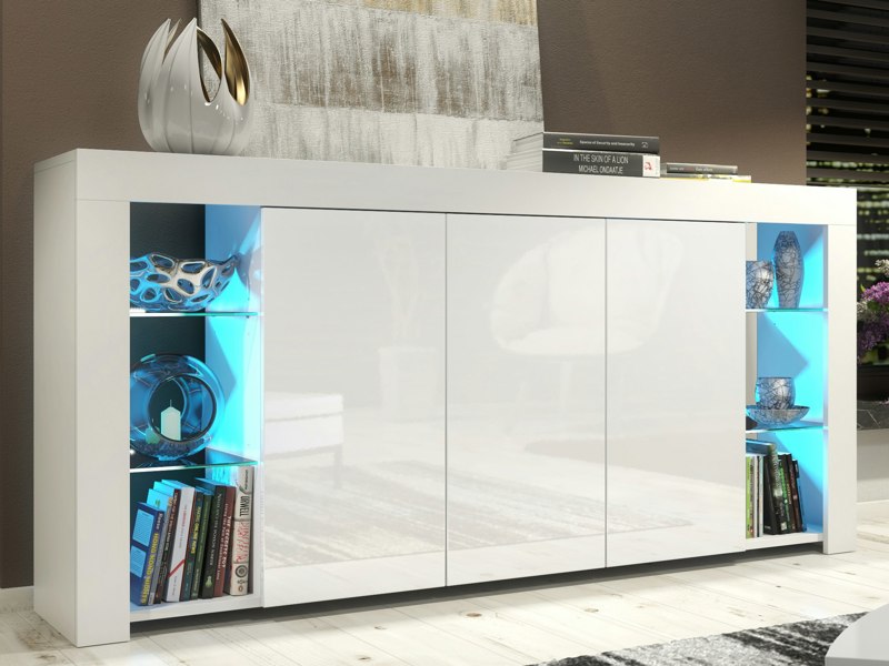 Mex Furniture Exclusive 164cm High Gloss White Sideboard TV Cabinet & Free LED Lights Modern Design