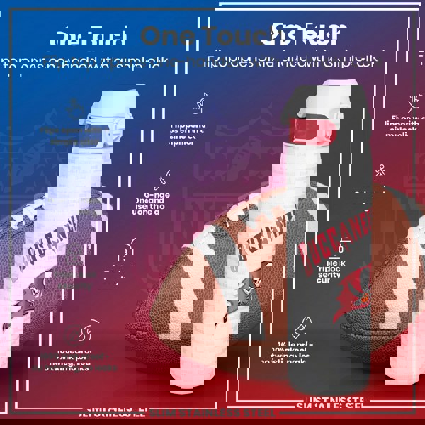 A Tampa Bay Buccaneers-themed water bottle sits beside a football; its flip top opens one-handed. The bottle is slim and made of stainless steel; it’s leakproof and has a triple lock.