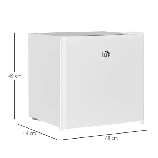 Cream compact tabletop mini fridge with front door and feet, shown from front-left
