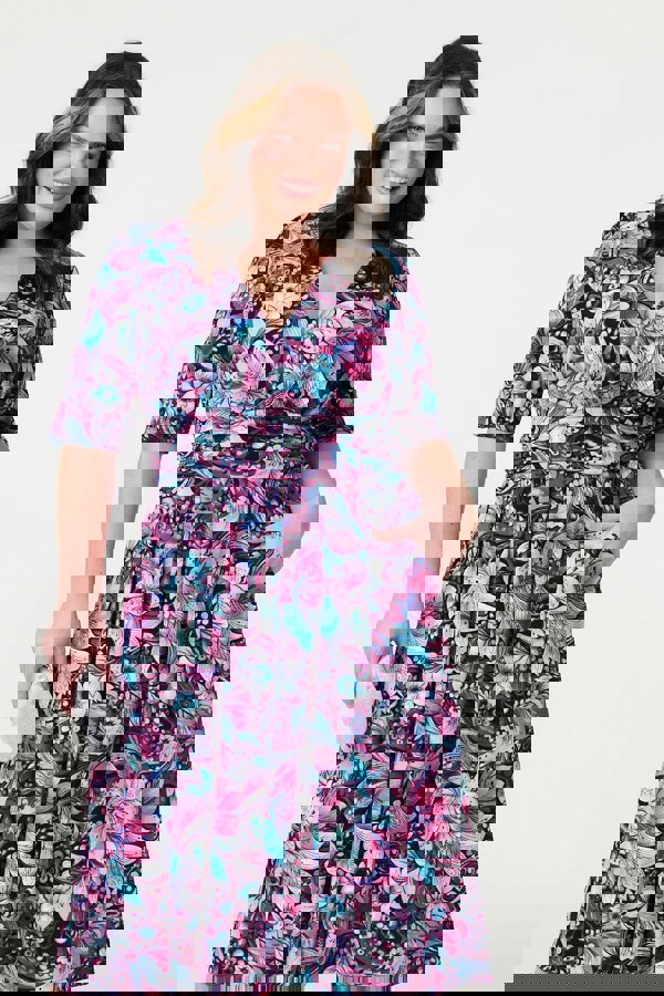 Pink | Floral Faux Wrap Front Midi Dress