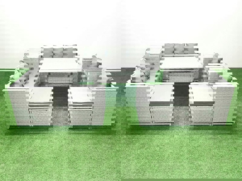 Fimous Rattan Garden Furniture Set Outdoor 8 Seater Patio Dinin g Sofa Sets with Dining Table 2 Chairs Side Table 2 Big Footstools Light Grey Mixed