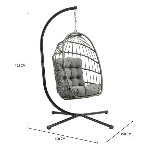 Grey rattan hanging egg chair with plush cushion, suspended from a sleek black metal frame, perfect for indoor or outdoor relaxation